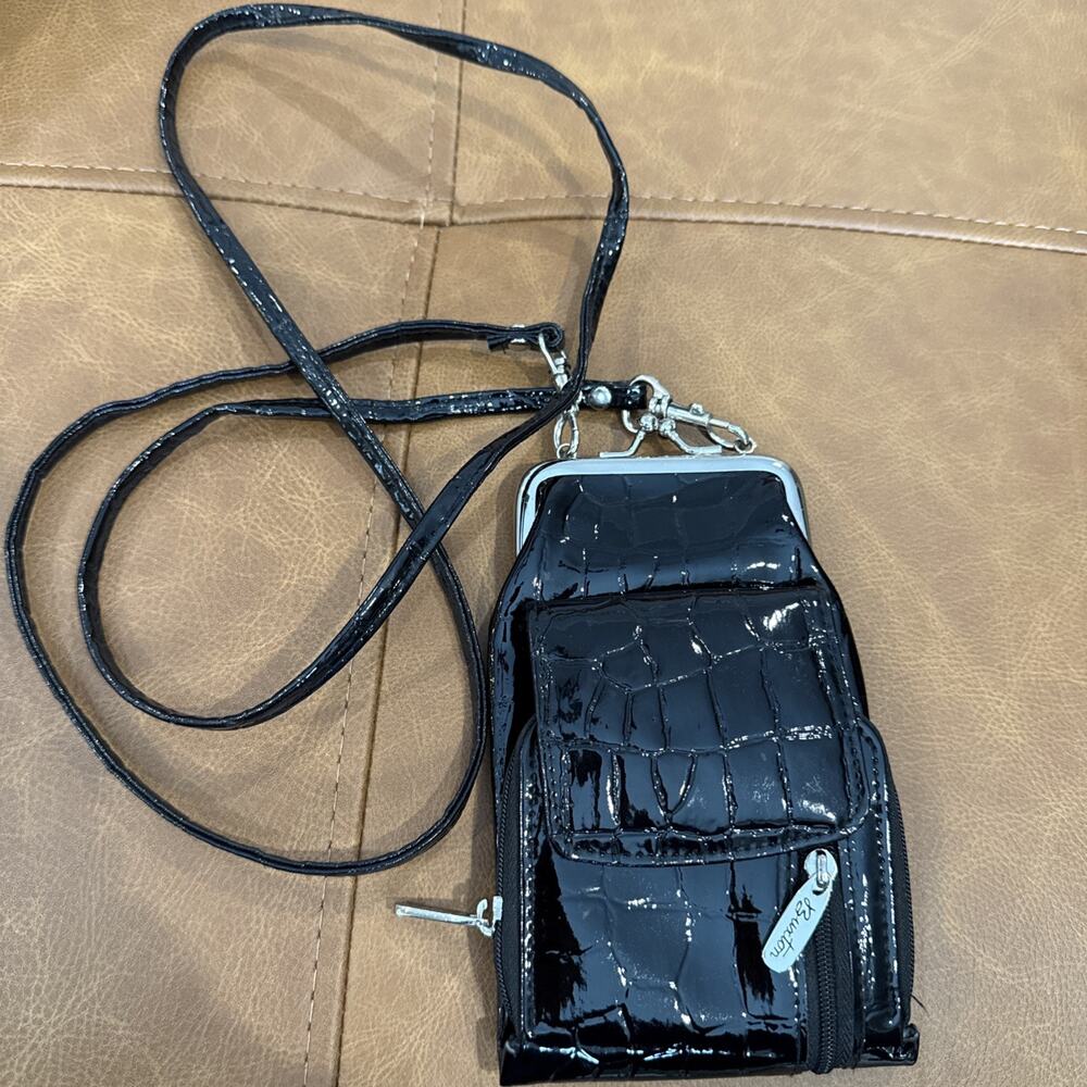 Small Black Buxton Crossbody With Gunmetal Hardware Kisslock Wallet Crocodile